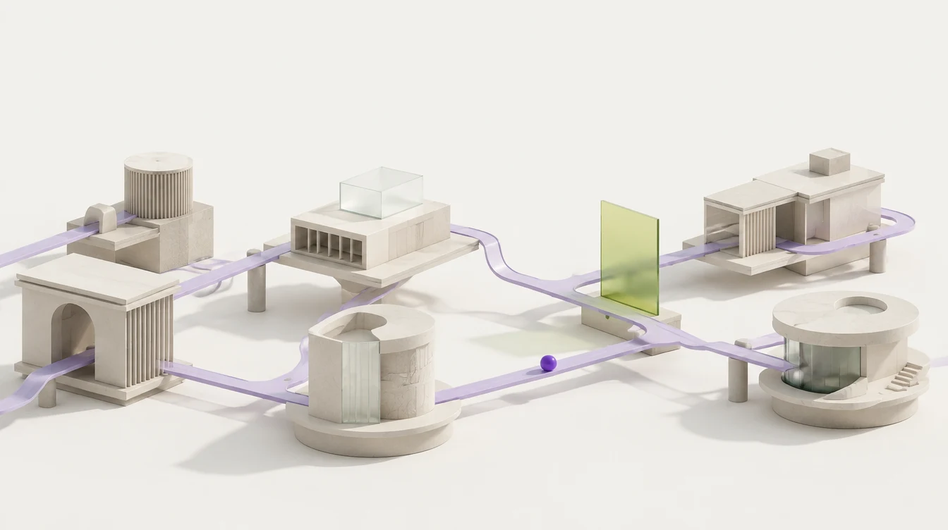 Sculptural model of connected platforms and branching paths